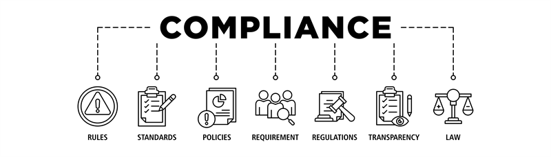 Hand presenting compliance icons—transparency, laws, regulation—illustrating patient communication compliance and tracking